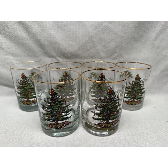 Set of 6 Spode Christmas Tree clear Old Fashion rocks glasses 4.25” cocktail VTG - Picture 1 of 12